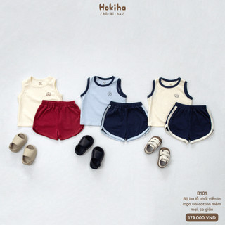 Bộ Quần Áo Ba Lỗ Phối Viền In Logo Cho Bé Trai, Bé Gái Hokiha Vải Cotton Mềm Mại, Co Giãn Size 8-17kg B101