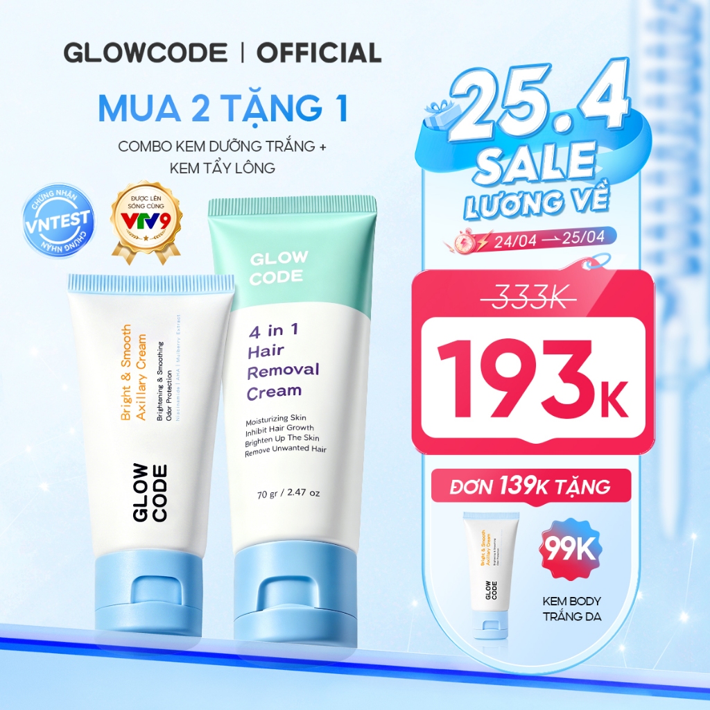 [MUA 2 GIẢM 40%] Combo kem tẩy lông và kem dưỡng trắng Glowcode hỗ trợ ...