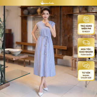 SWANLAKE | Váy Đầm Nữ Suông Vải Cotton Sọc Cổ Tròn Tay Hến Dây Thắt Eo Có Túi Dạo Phố Hè D13641
