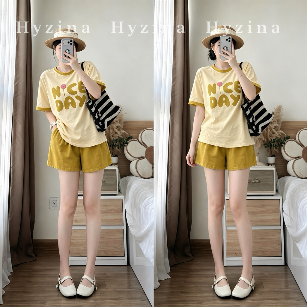 Set Đồ Nữ Hyzina, Hoạ Tiết Chữ NICE DAY, Chất Liệu Cotton Mịn Chất Mát, Co Dãn, Phù Hợp Mùa Hè Thoáng Mát