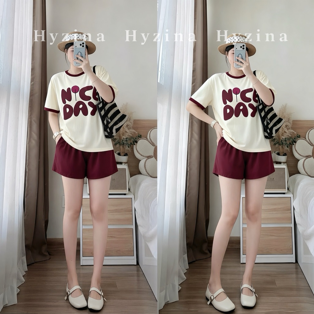 Set Đồ Nữ Hyzina, Hoạ Tiết Chữ NICE DAY, Chất Liệu Cotton Mịn Chất Mát, Co Dãn, Phù Hợp Mùa Hè Thoáng Mát