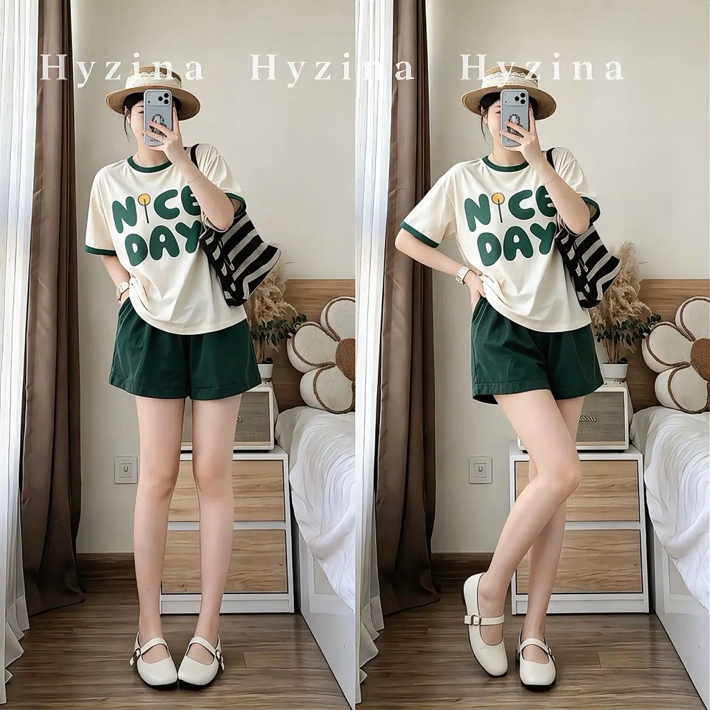 Set Đồ Nữ Hyzina, Hoạ Tiết Chữ NICE DAY, Chất Liệu Cotton Mịn Chất Mát, Co Dãn, Phù Hợp Mùa Hè Thoáng Mát