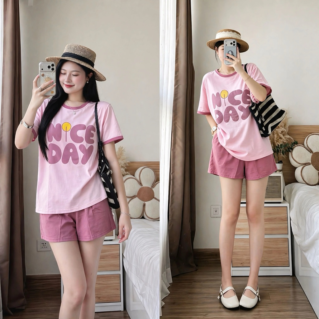 Set Đồ Nữ Hyzina, Hoạ Tiết Chữ NICE DAY, Chất Liệu Cotton Mịn Chất Mát, Co Dãn, Phù Hợp Mùa Hè Thoáng Mát