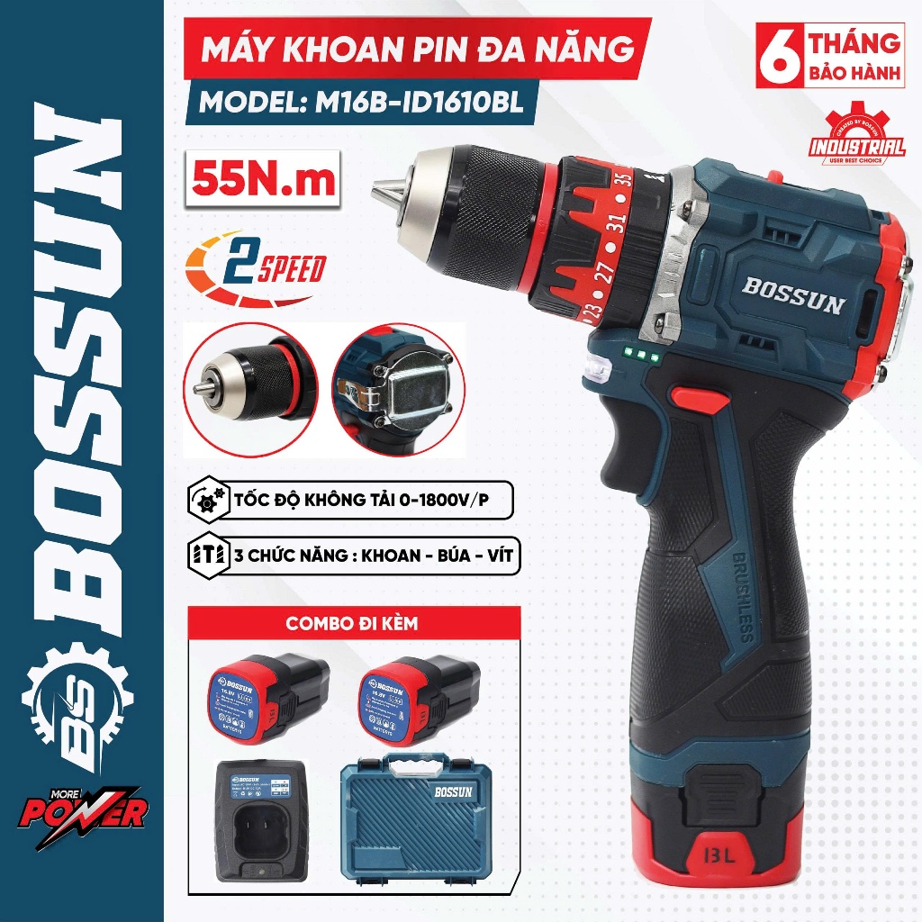 Máy khoan pin Boshun M16B-ID1610BL 3 chức năng dầu 13mm, 65Nm động cơ không chổi than, khoan tường, gỗ, sắt, bắn vít