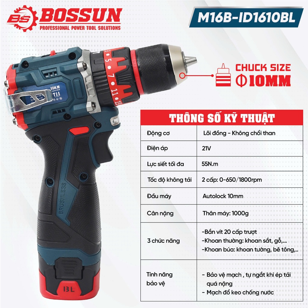 Máy khoan pin Boshun M16B-ID1610BL 3 chức năng dầu 13mm, 65Nm động cơ không chổi than, khoan tường, gỗ, sắt, bắn vít