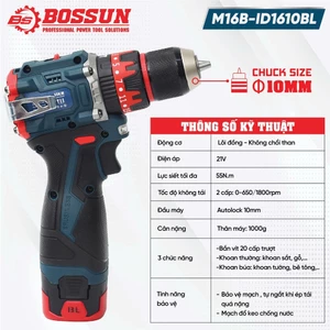 Máy khoan dùng pin BosSun M16B-ID1610BL đầu 10mm, máy bắn vít, khoan, vặn vít không chổi than 55Nm 1800v/p 20 cấp trượt