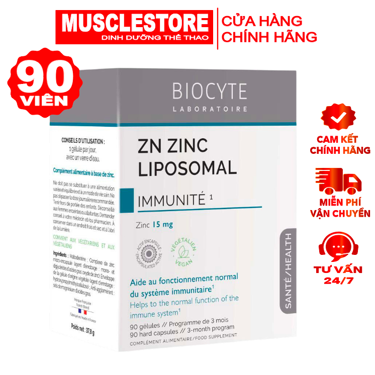 Viên uống Bổ Sung Kẽm Biocyte Zn Zinc Liposomal (90 Viên), Hỗ Trợ Giảm Mụn, Tăng Đề Kháng