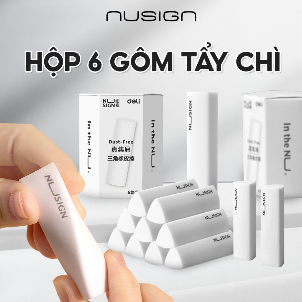 Hộp 6 Gôm Tẩy Chì Nusign x Deli Cao Cấp Siêu Sạch Ít Vụn - Cục Tẩy Chì Dẻo Không Mòn Rách Giấy Cho Học Sinh Văn Phòng