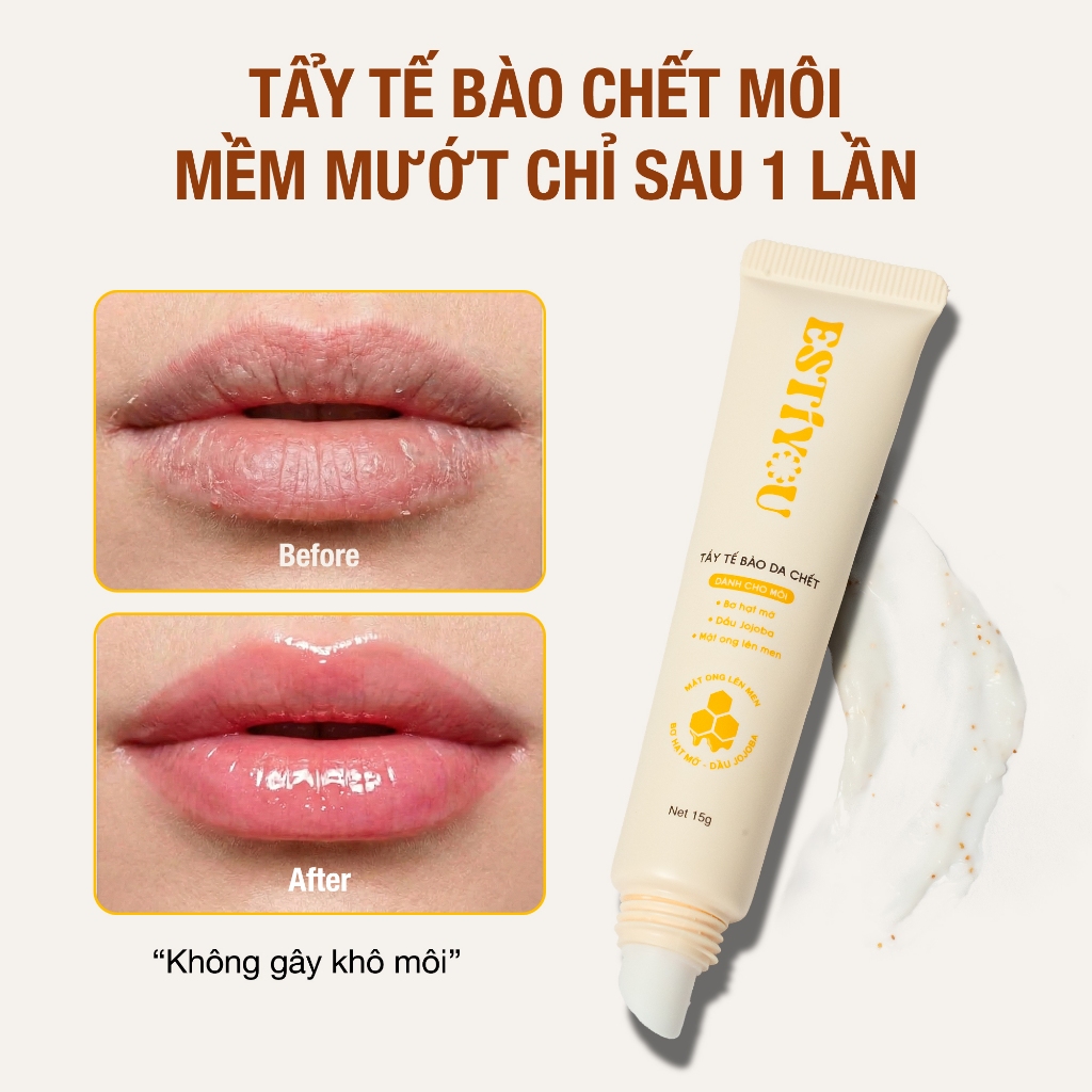 Tẩy Tế Bào Chết Môi ESTIYOU 15g, Mật Ong Lên Men và Hạt Srub Cải Thiện Sắc Môi, Giảm Bong Tróc Kết Hợp Dưỡng Ẩm