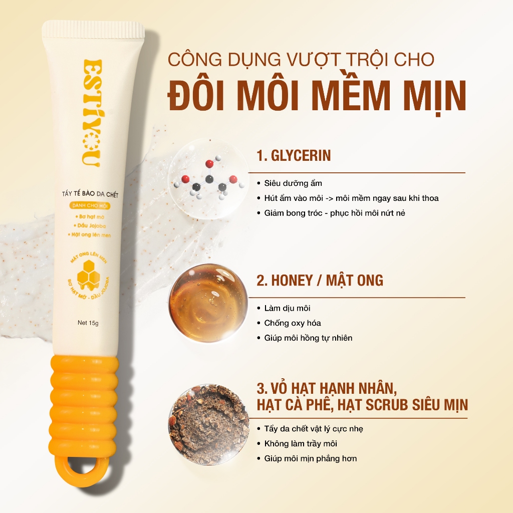 Tẩy Tế Bào Chết Môi ESTIYOU 15g, Mật Ong Lên Men và Hạt Srub Cải Thiện Sắc Môi, Giảm Bong Tróc Kết Hợp Dưỡng Ẩm