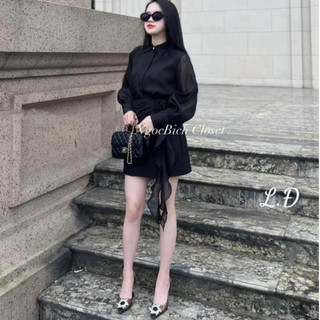 Set áo sơ mi dài tay chân váy A kèm hoa voan tơ cao cấp
