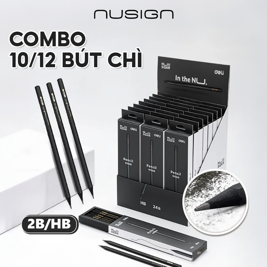 Combo 10/12 Bút Chì 2B/HB Gỗ Nusign x Deli Cao Cấp, Chì Đậm Tô Trắc Nghiệm Nhạy Với Máy Chấm Thi Học Sinh Văn Phòng