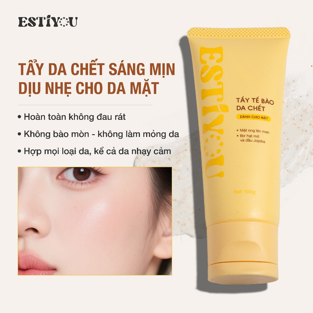 Tẩy Tế Bào Chết Mặt Estiyou 100g, Mật Ong Lên Men và Hạt Scrub, Tẩy Da Chết Mặt Giúp Da Mềm Mại, Không khô da