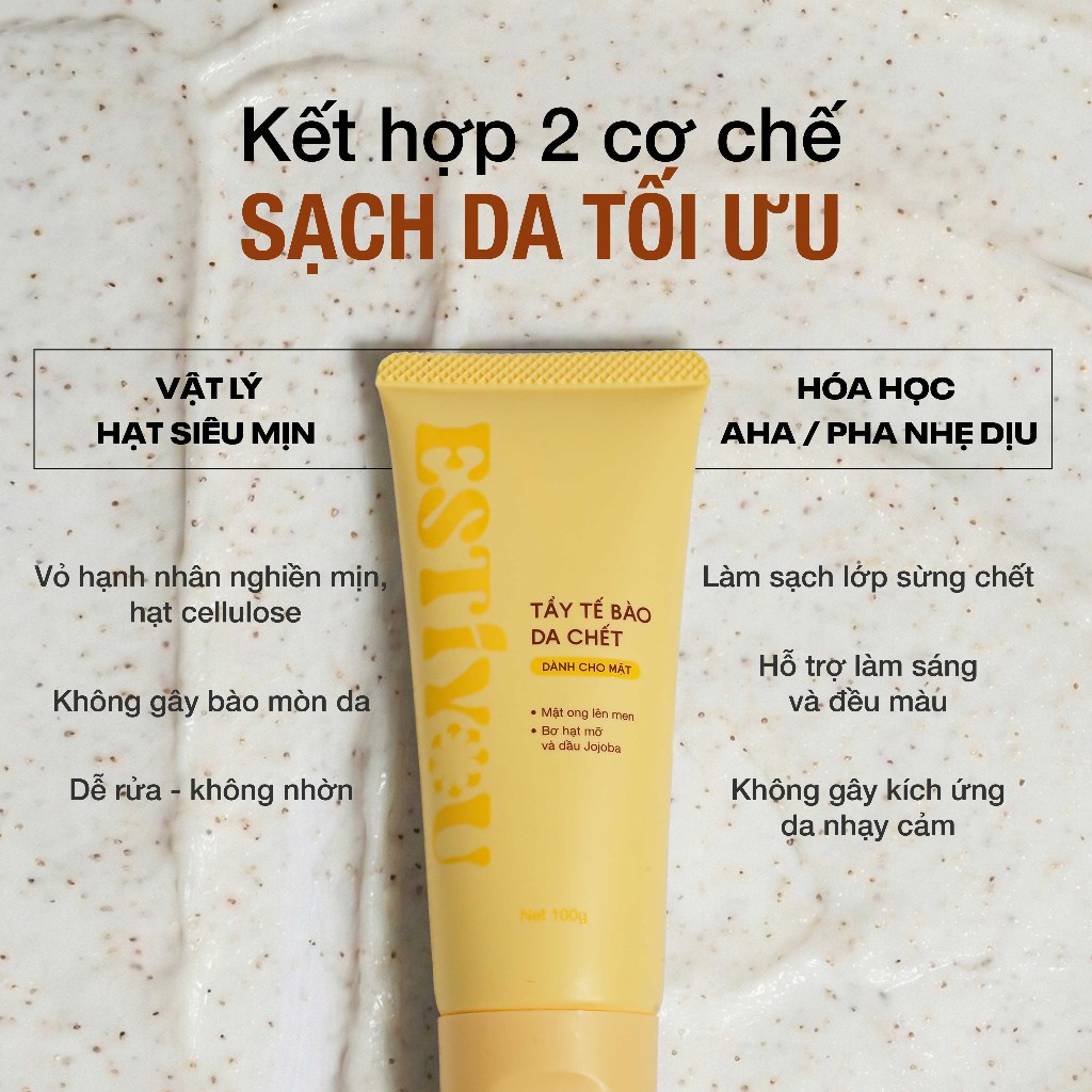 Tẩy Tế Bào Chết Mặt Estiyou 100g, Mật Ong Lên Men và Hạt Scrub, Tẩy Da Chết Mặt Giúp Da Mềm Mại, Không khô da