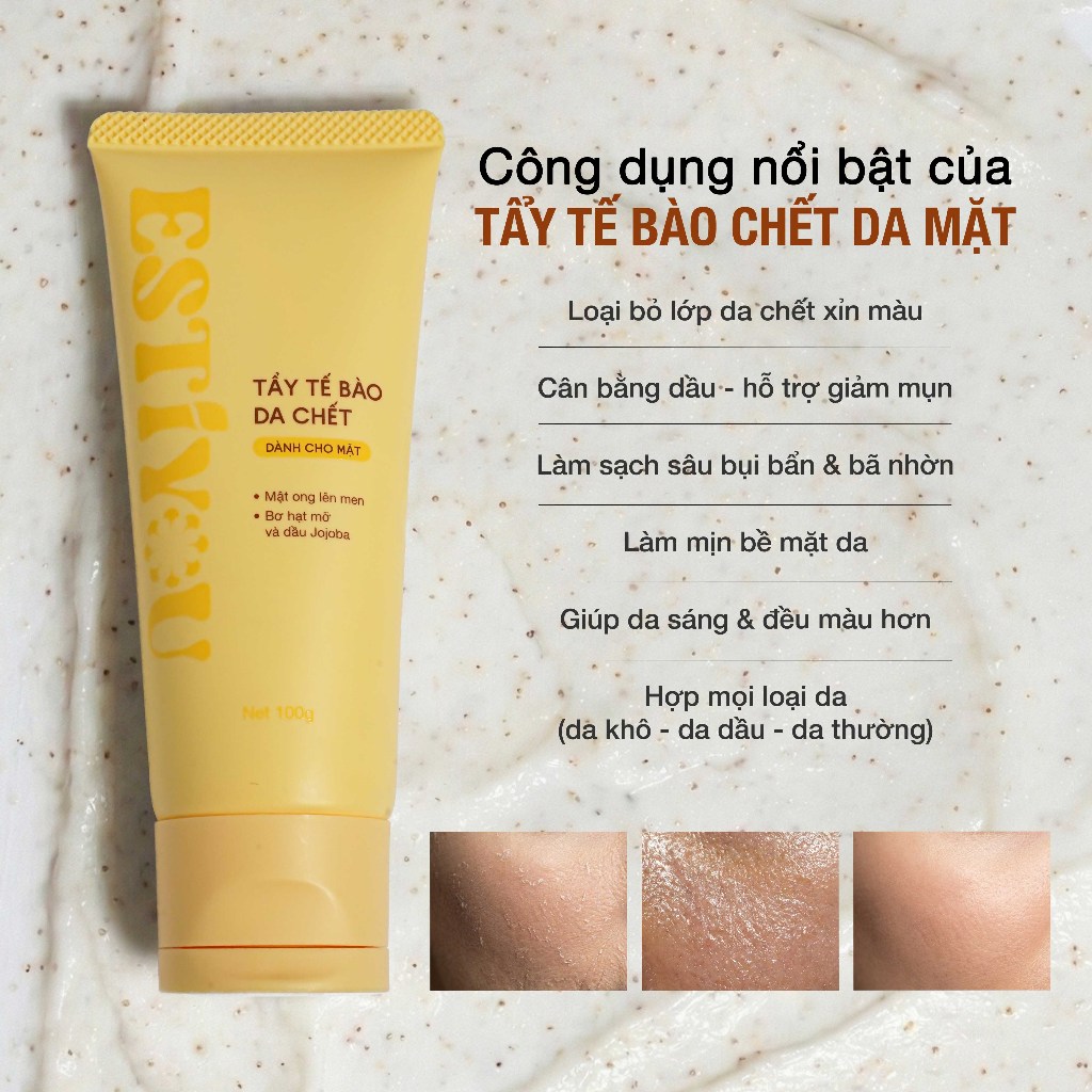 Tẩy Tế Bào Chết Mặt Estiyou 100g, Mật Ong Lên Men và Hạt Scrub, Tẩy Da Chết Mặt Giúp Da Mềm Mại, Không khô da