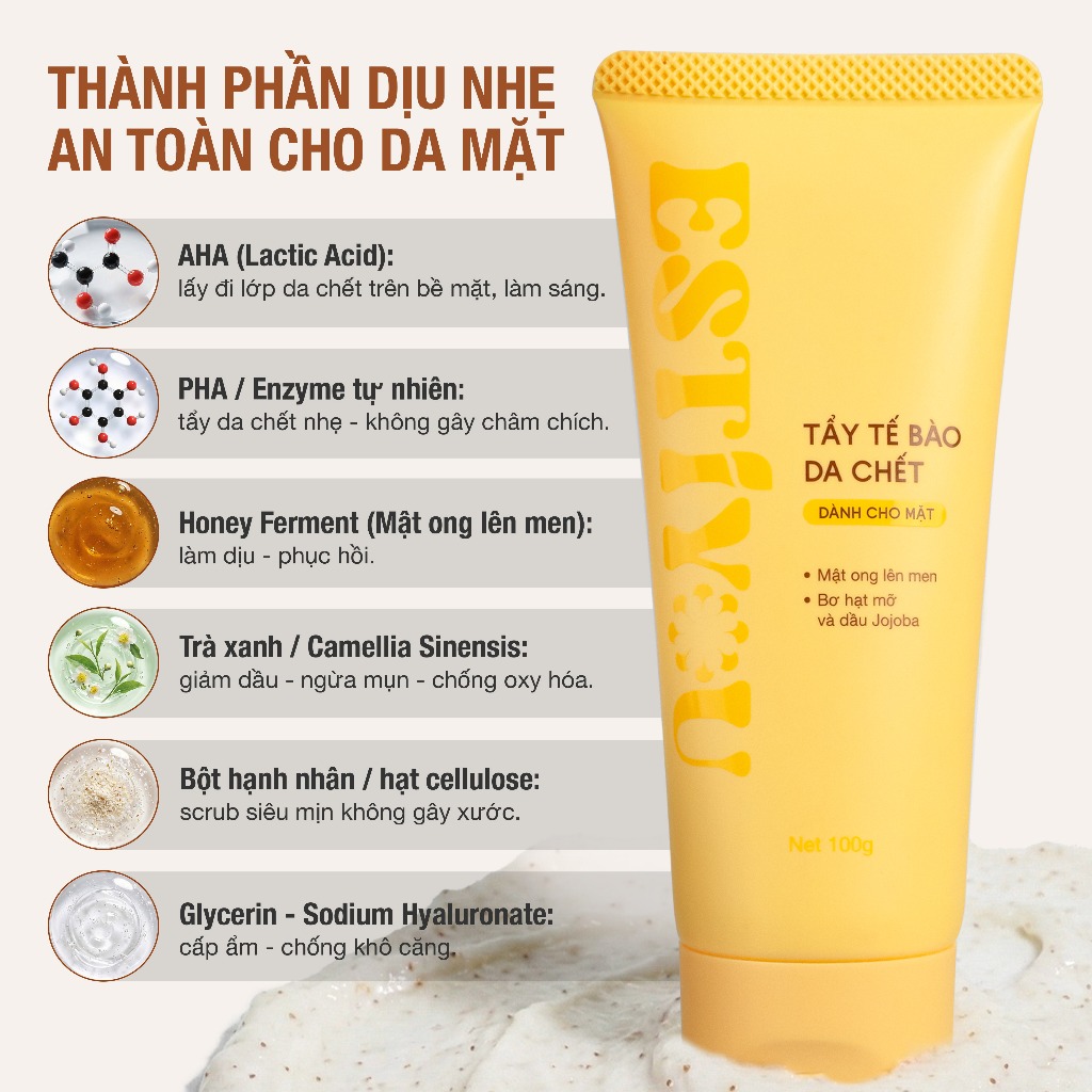 Tẩy Tế Bào Chết Mặt Estiyou 100g, Mật Ong Lên Men và Hạt Scrub, Tẩy Da Chết Mặt Giúp Da Mềm Mại, Không khô da