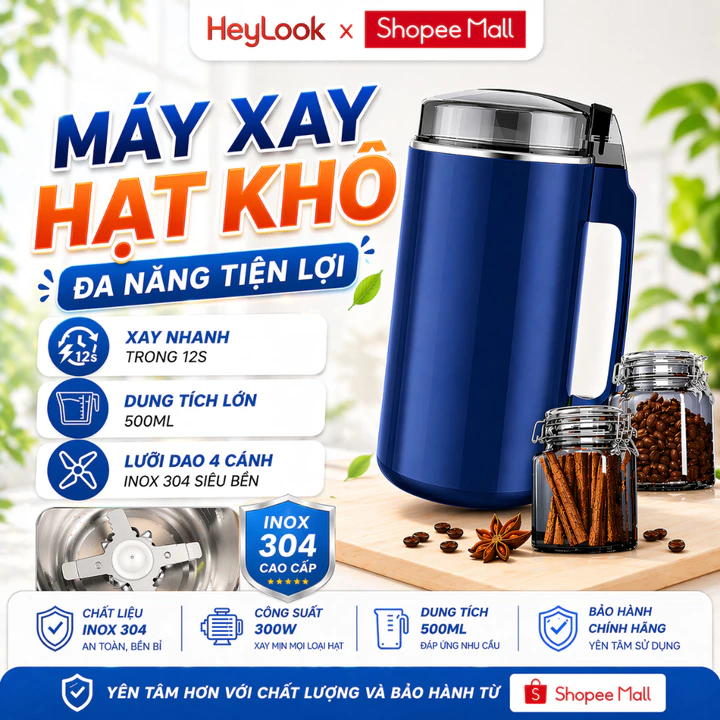Máy Xay Hạt Khô Máy Xay Thịt Đa Năng Cối Thủy Tinh Công Suất 300W Kèm 4 Lưỡi Dao Siêu Sắc Bén 3 Nấc Điều Chỉnh