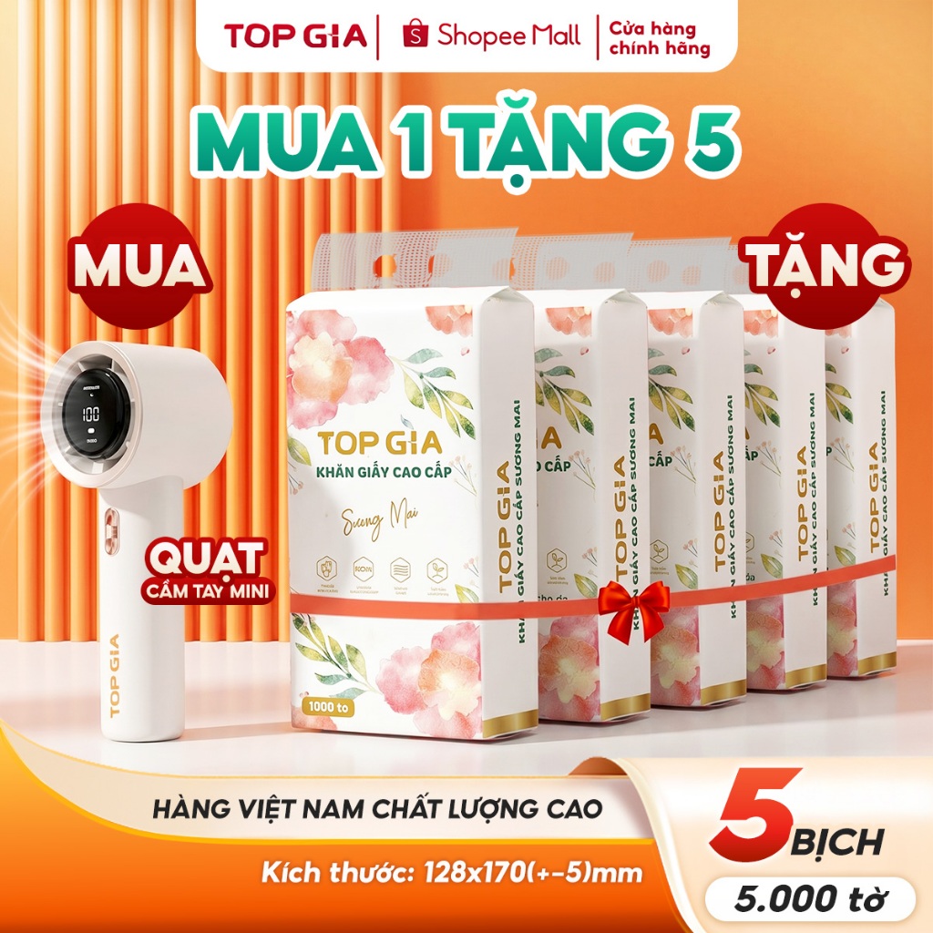 [MUA 1 TẶNG 5] Mua quạt cầm tay mini TopGia tặng 5bịch giấy rút đáy sương mai 5000 tờ 4 lớp đanh dai mềm mịn