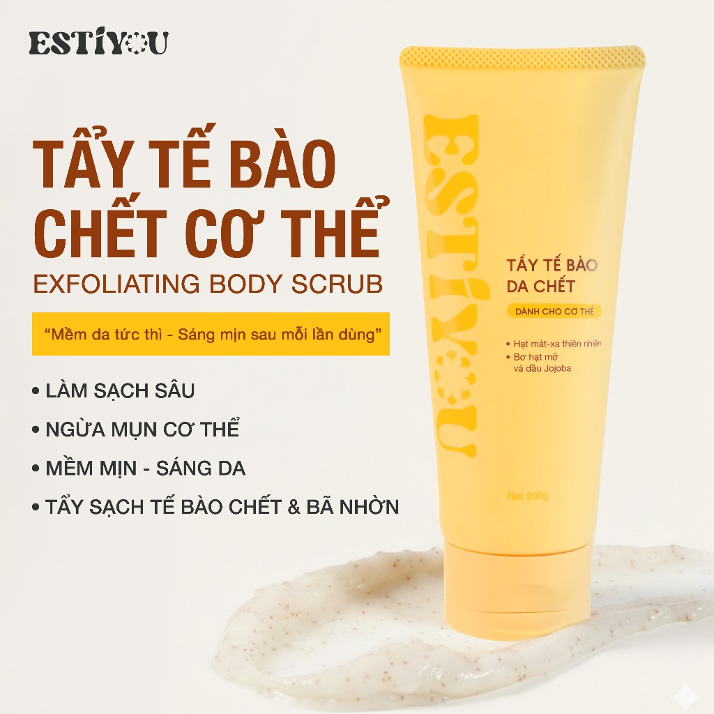 Tẩy Tế Bào Chết Body Estiyou 200g, Hạt Mát Xa Thiên Nhiên, Bơ Hạt Mỡ, Dầu Jojoba Giúp Da Sáng Khỏe, Mềm Mại