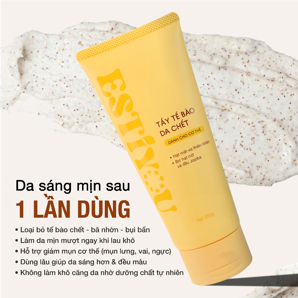 Tẩy Tế Bào Chết Body Estiyou 200g, Hạt Mát Xa Thiên Nhiên, Bơ Hạt Mỡ, Dầu Jojoba Giúp Da Sáng Khỏe, Mềm Mại