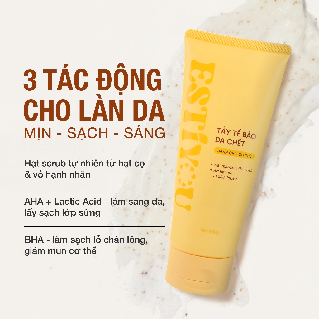 Tẩy Tế Bào Chết Body Estiyou 200g, Hạt Mát Xa Thiên Nhiên, Bơ Hạt Mỡ, Dầu Jojoba Giúp Da Sáng Khỏe, Mềm Mại
