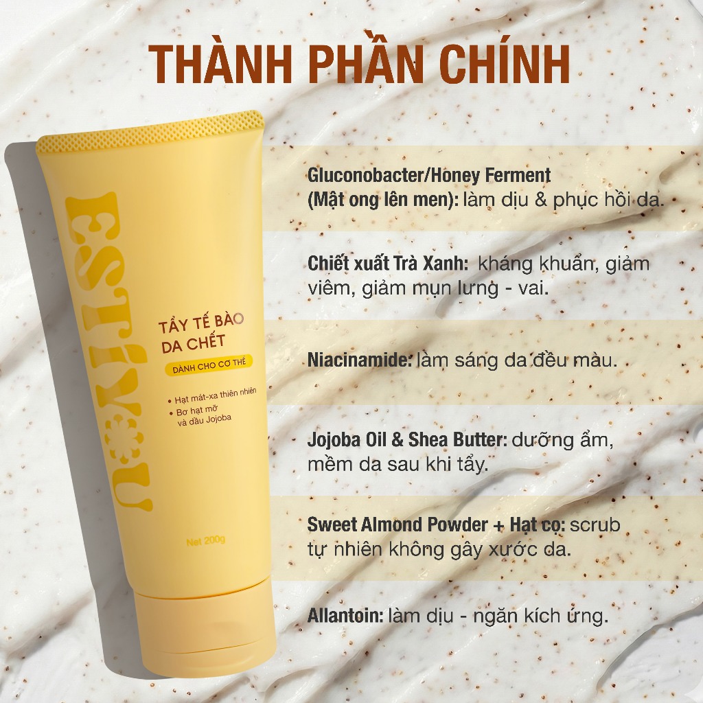 Tẩy Tế Bào Chết Body Estiyou 200g, Hạt Mát Xa Thiên Nhiên, Bơ Hạt Mỡ, Dầu Jojoba Giúp Da Sáng Khỏe, Mềm Mại