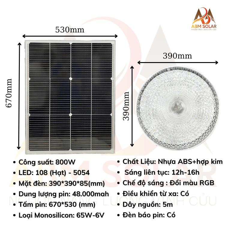 [1000W] Đèn Ốp Trần Năng Lượng Mặt Trời ABMSOLAR, Lắp Trong Nhà,  Chất Liệu Kim Loại Mặt Nhựa ABS
