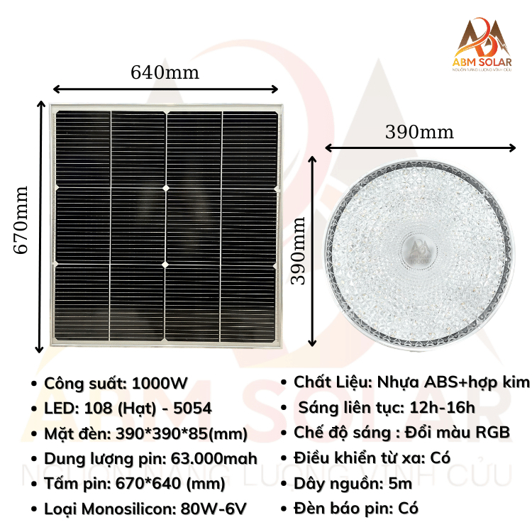 [1000W] Đèn Ốp Trần Năng Lượng Mặt Trời ABMSOLAR, Lắp Trong Nhà,  Chất Liệu Kim Loại Mặt Nhựa ABS