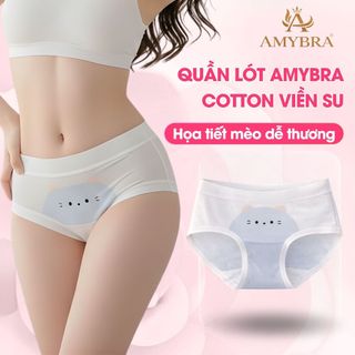Quần Lót Nữ Cotton Mềm Họa Tiết Mèo Dễ Thương, Quần Chip Cạp Vừa Viền Su Thoáng Mát AMYBRA L1164