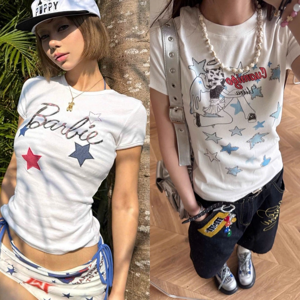 (sẵn ) Áo baby tee trắng hoạ tiết ngôi sao phong cách y2k đơn giản nữ tính barbie thiên thần ABBT064 - Tiktik