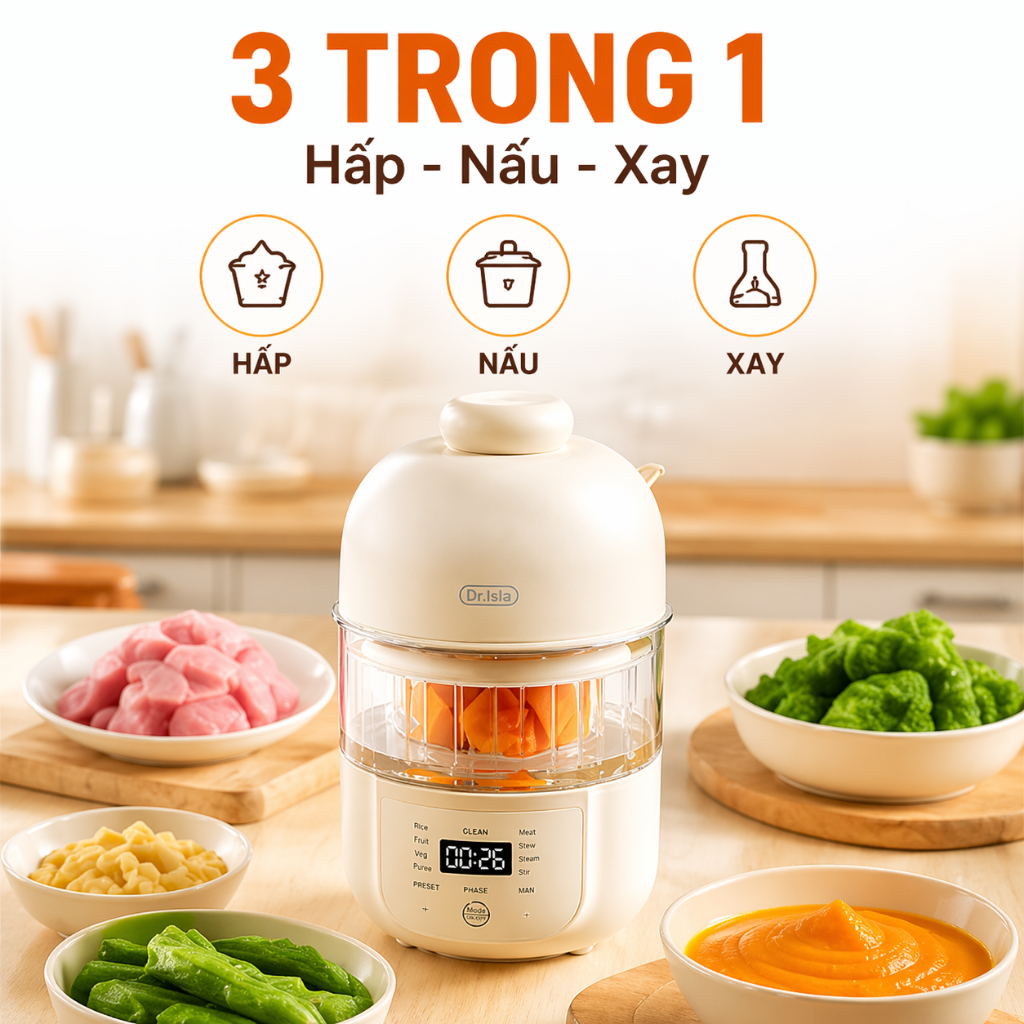 Máy Xay Nấu Thức Ăn Dr.Isla FM02 240ml – 9 Chế Độ, Hấp Nấu & Xay Tự Động, Menu Thông Minh Cho Bé