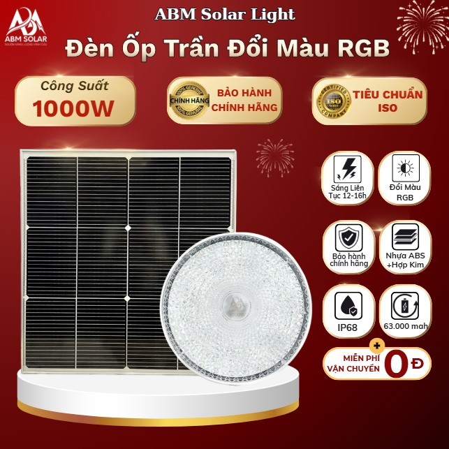 [1000W] Đèn Ốp Trần Năng Lượng Mặt Trời ABMSOLAR, Lắp Trong Nhà,  Chất Liệu Kim Loại Mặt Nhựa ABS