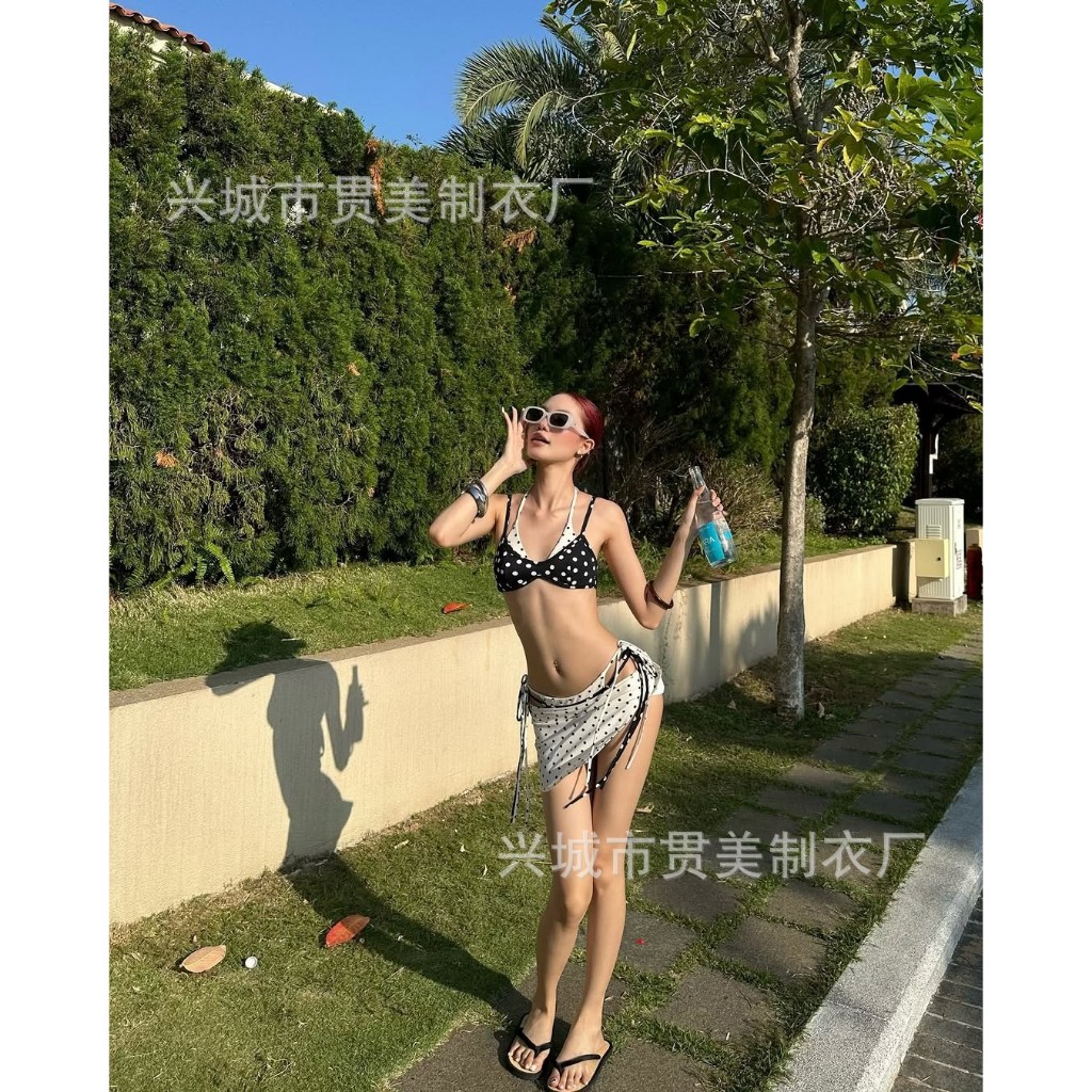 [SẴN - HỎA TỐC HN] ONESOON Set bikini 3 mảnh họa tiết chấm bị buộc dây kèm chân váy quây ngắn xẻ tà sexy cho nữ