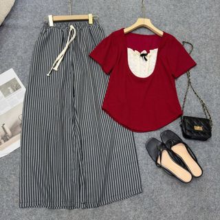 Đồ Bộ Bigsize Nữ Áo Thun Kiểu Tay Ngắn Kèm Quần Suông Dài Kẻ Sọc Cho Chubby SET971
