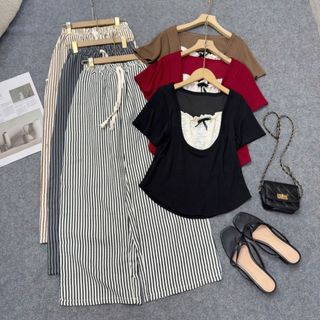 Đồ Bộ Bigsize Nữ Áo Thun Kiểu Tay Ngắn Kèm Quần Suông Dài Kẻ Sọc Cho Chubby SET971