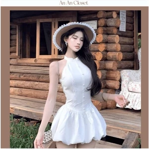Đầm váy bí cổ yếm tôn dáng A02 Váy trắng tiểu thư sang chảnh