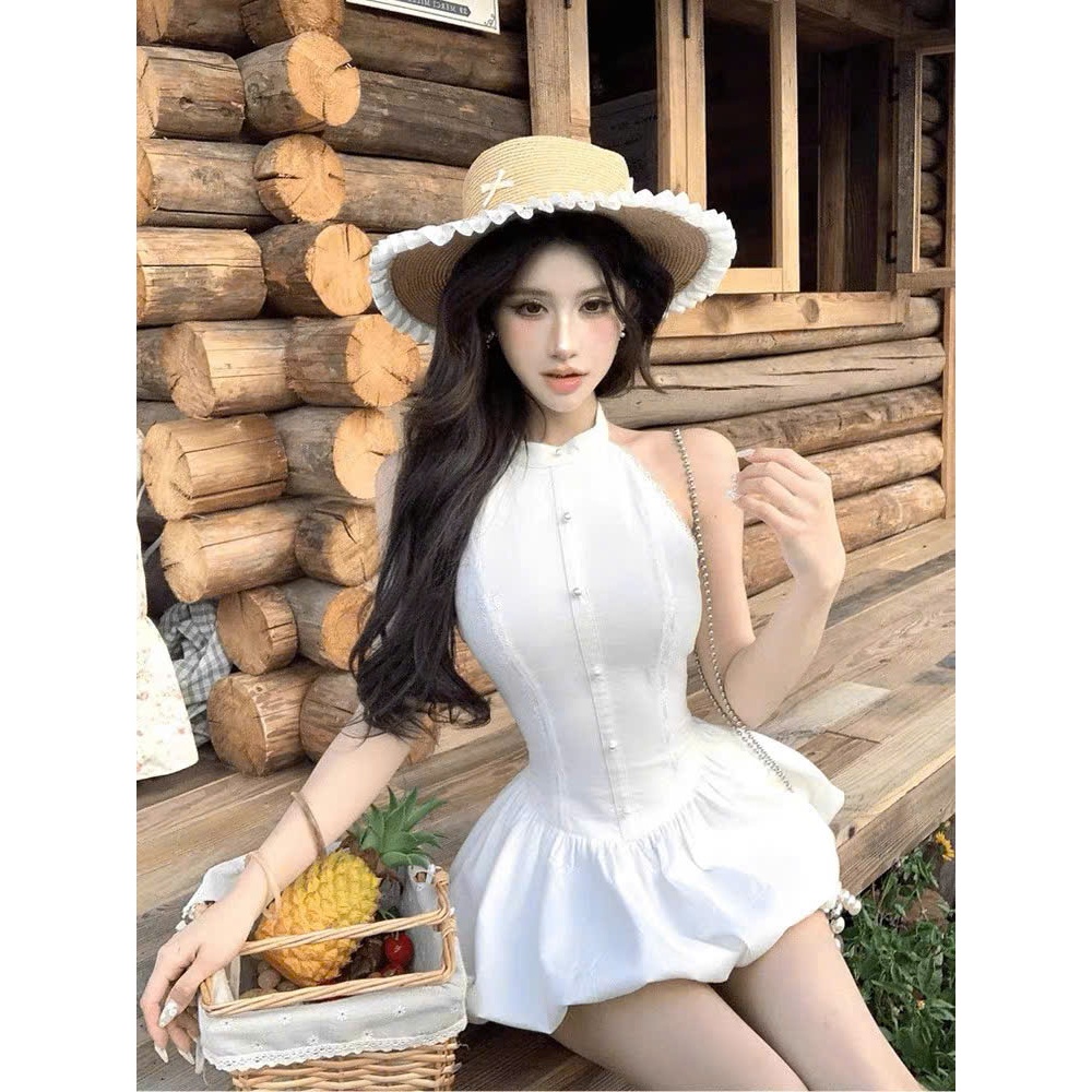 Đầm váy bí cổ yếm tôn dáng A02  Váy trắng tiểu thư sang chảnh