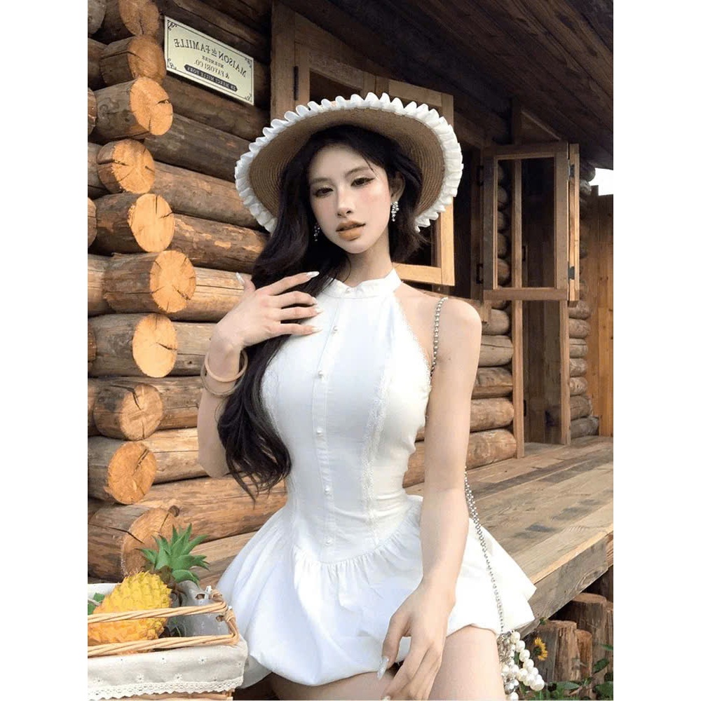 Đầm váy bí cổ yếm tôn dáng A02  Váy trắng tiểu thư sang chảnh