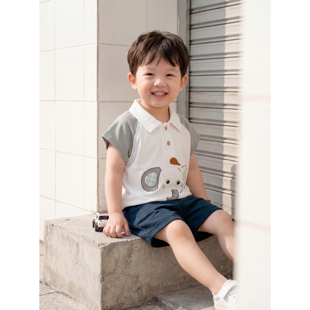 Set bộ polo cộc tay bé trai 1-6 tuổi Miniumbaby in hình voi gấu cute, chất vải cotton mềm mát SB2655