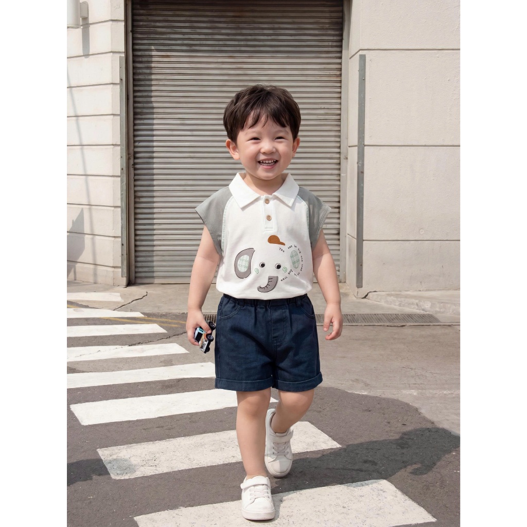 Set bộ polo cộc tay bé trai 1-6 tuổi Miniumbaby in hình voi gấu cute, chất vải cotton mềm mát SB2655