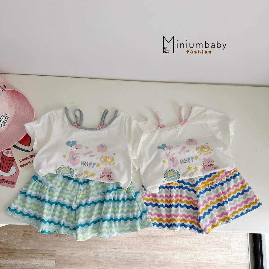 Set bộ cộc tay bé gái Miniumbaby in thỏ bánh mix 2 dây điệu đà phối quần váy, chất cotton mềm SB2475