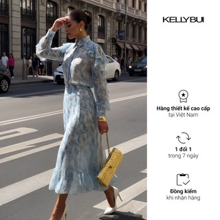 [KELLYBUI] Set áo sơ mi + chân váy chiffon hoạ tiết dịu nhẹ, phong cách thời trang công sở nữ tính, thanh lịch