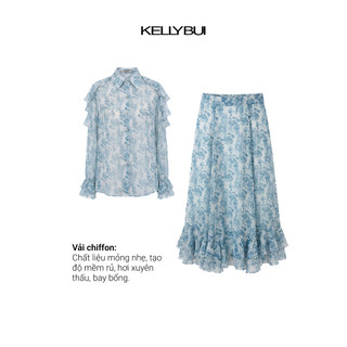 [KELLYBUI] Set áo sơ mi + chân váy chiffon hoạ tiết dịu nhẹ, phong cách thời trang công sở nữ tính, thanh lịch
