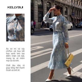 [KELLYBUI] Set áo sơ mi + chân váy chiffon hoạ tiết dịu nhẹ, phong cách thời trang công sở nữ tính, thanh lịch