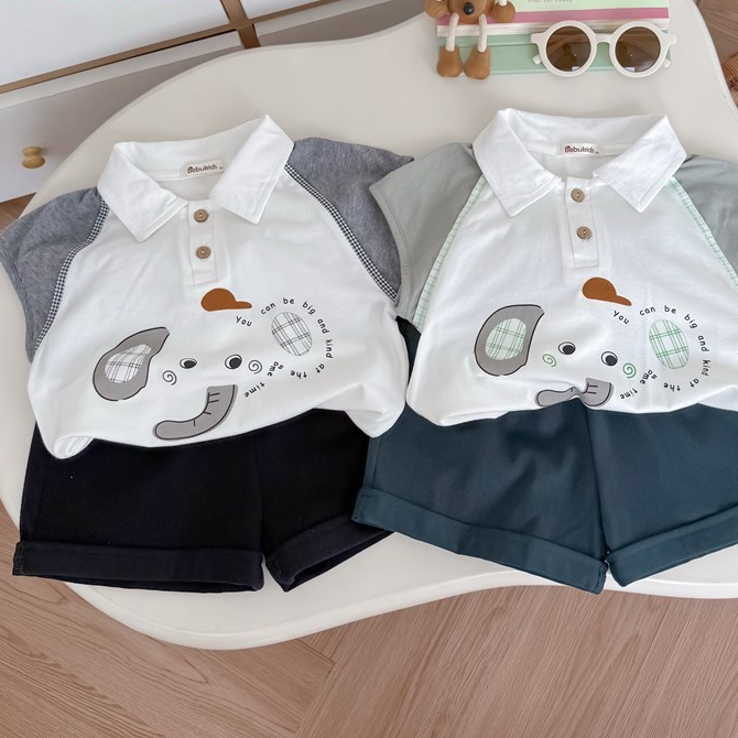 Set bộ polo cộc tay bé trai 1-6 tuổi Miniumbaby in hình voi gấu cute, chất vải cotton mềm mát SB2655