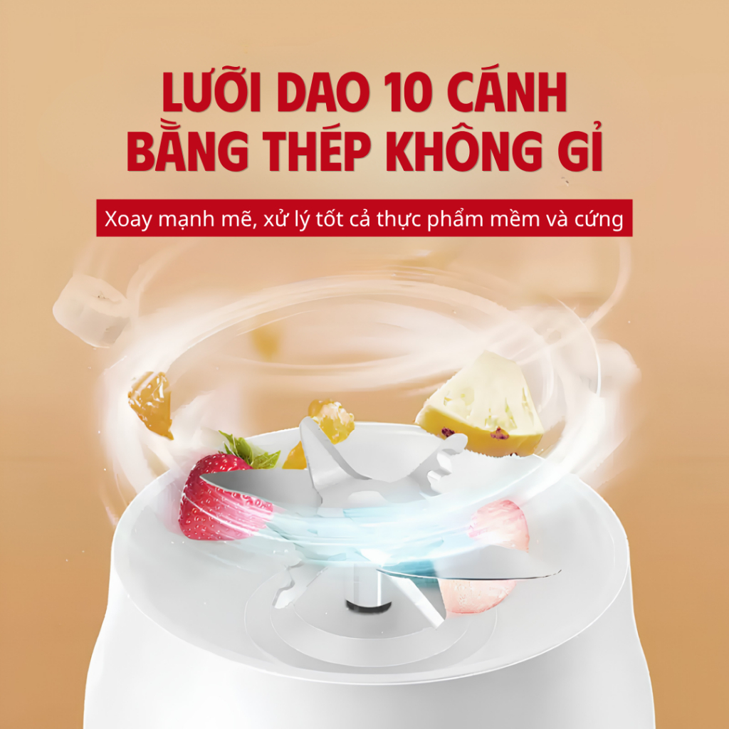 [Mới] Máy xay sinh tố mini cầm tay 450ML 10 lưỡi  xay trái cây, sinh tố, pin sạc USB tiện lợi