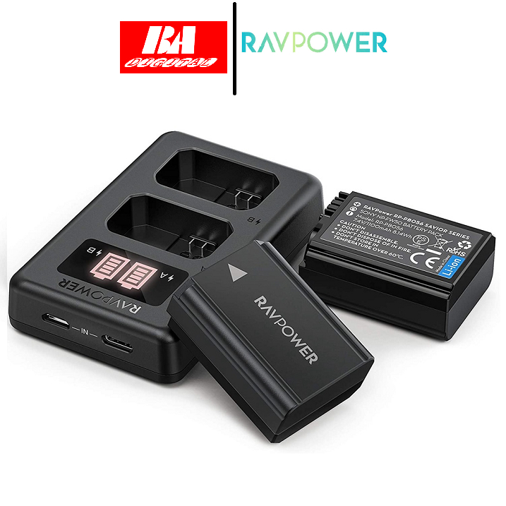 BỘ 2 PIN+SẠC SONY NP-FW50 - RAVPOWER CHO MÁY SONYNEX 3/5/7, SLT-A, DSC-RX10, Alpha A6000, A6300, A6400, A6500, A7, A7 II