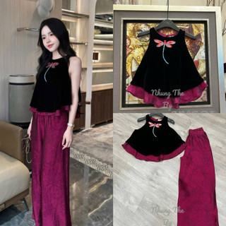 Sét áo nhung the lót lụa thêu chuồn chuồn + quần lụa dáng xuông
