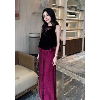 Sét áo nhung the lót lụa thêu chuồn chuồn + quần lụa dáng xuông