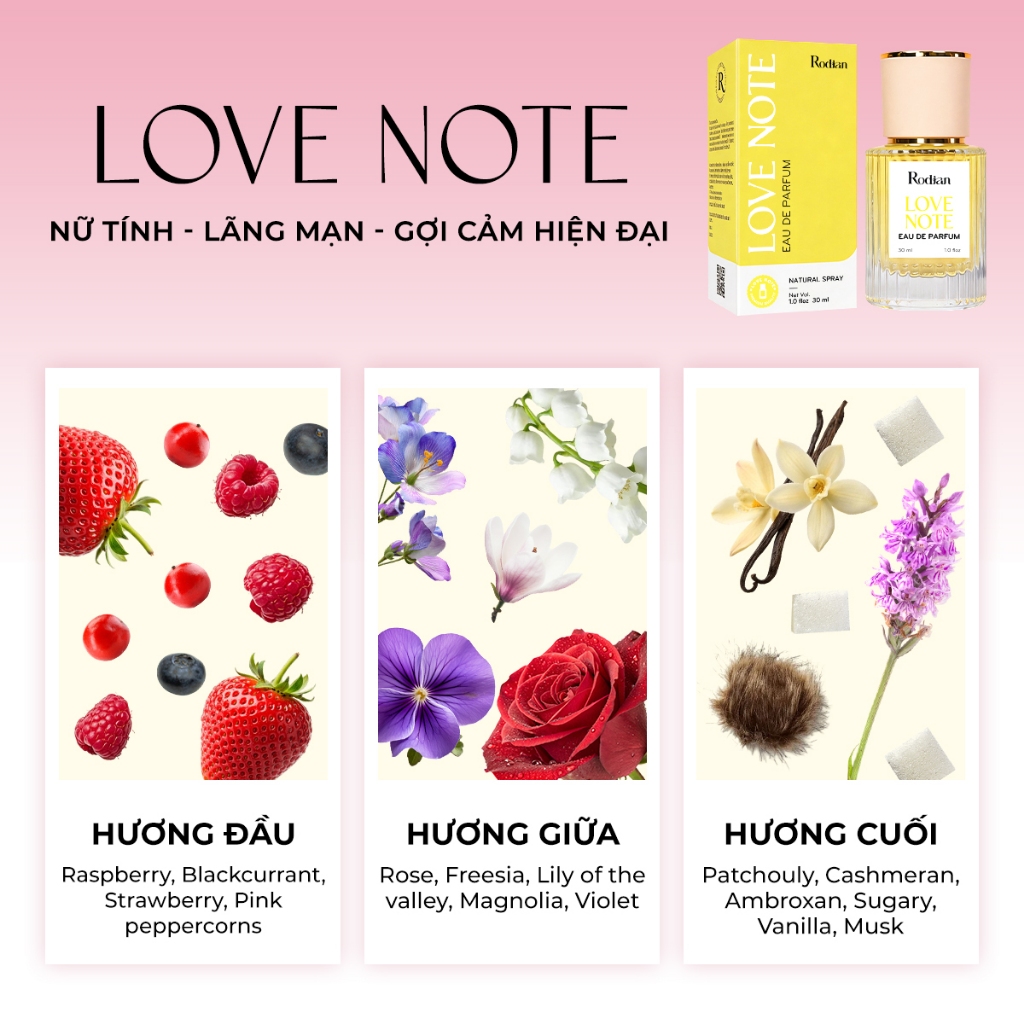 Nước Hoa Nữ Rodian Love Note 30ml, Lưu Hương Đến 8h - Hương Nữ Tính, Lãng Mạn Và Gợi Cảm